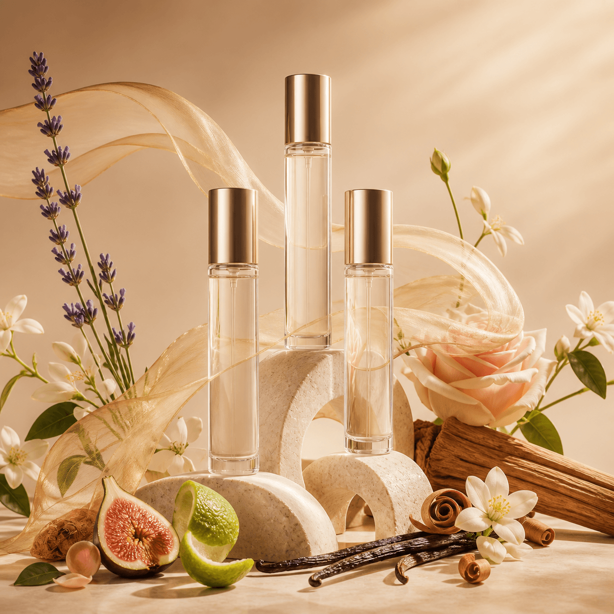 Trois flacons de parfum entourés de fleurs, d'agrumes et de vanille.