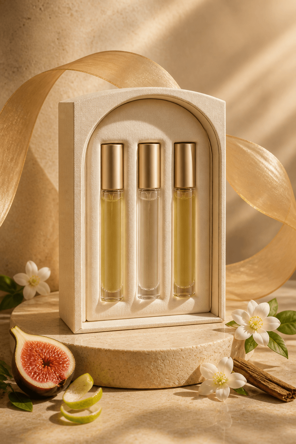Coffret vertical contenant trois flacons de parfum de 33 ml.
